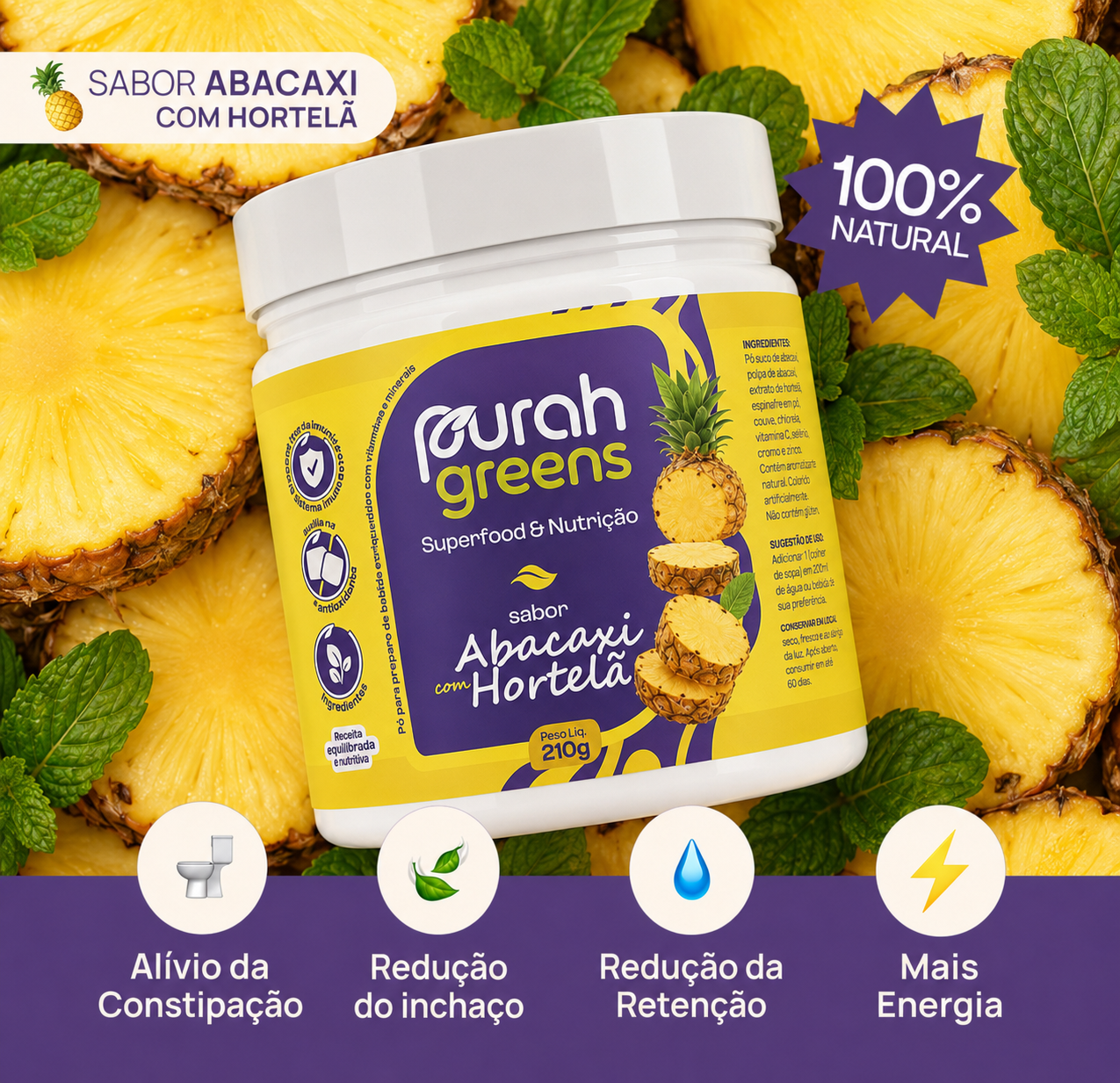Pote Purah Greens Abacaxi com Hortelã